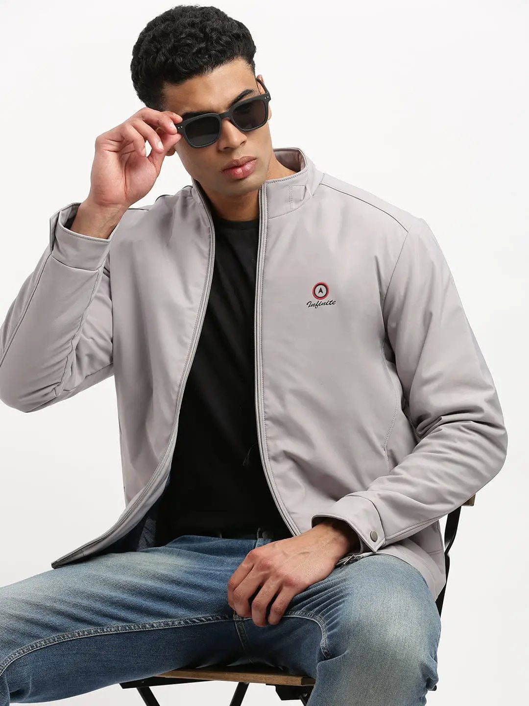 Men's Mock Collar Solid Grey Bomber Jacket