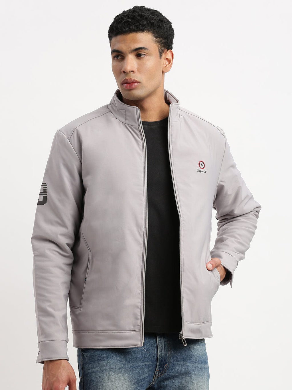 Men's Mock Collar Solid Grey Bomber Jacket