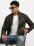Men's Long Sleeves Mock Collar Olive Solid Casual Bomber Jacket