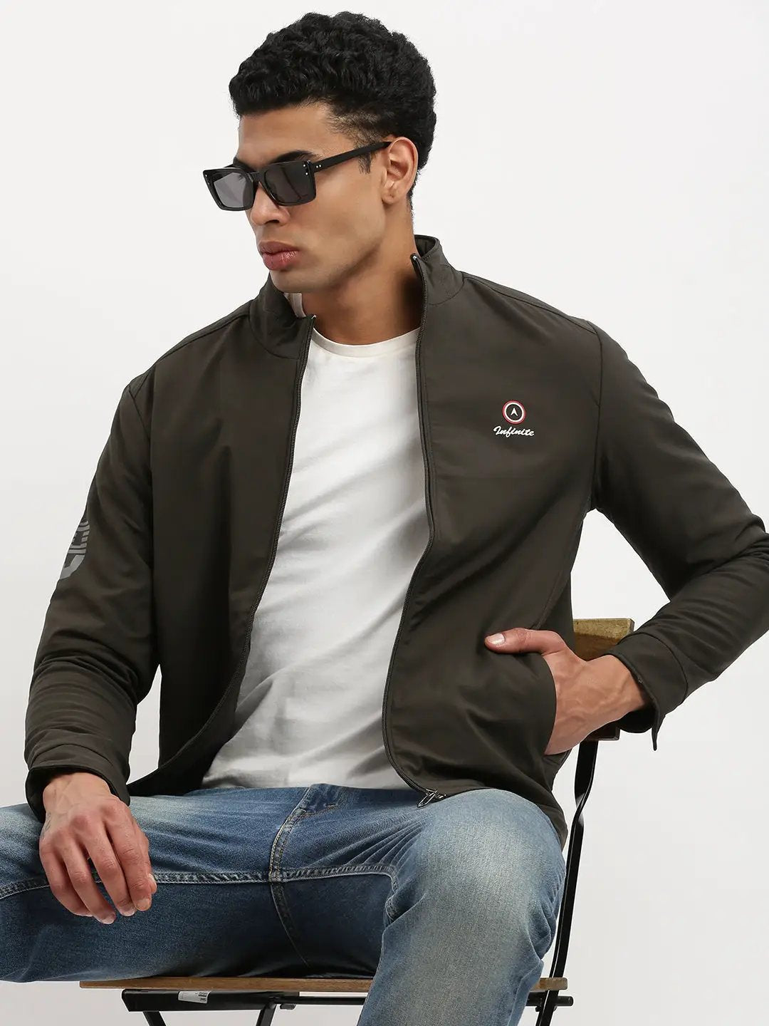 Men's Long Sleeves Mock Collar Olive Solid Casual Bomber Jacket