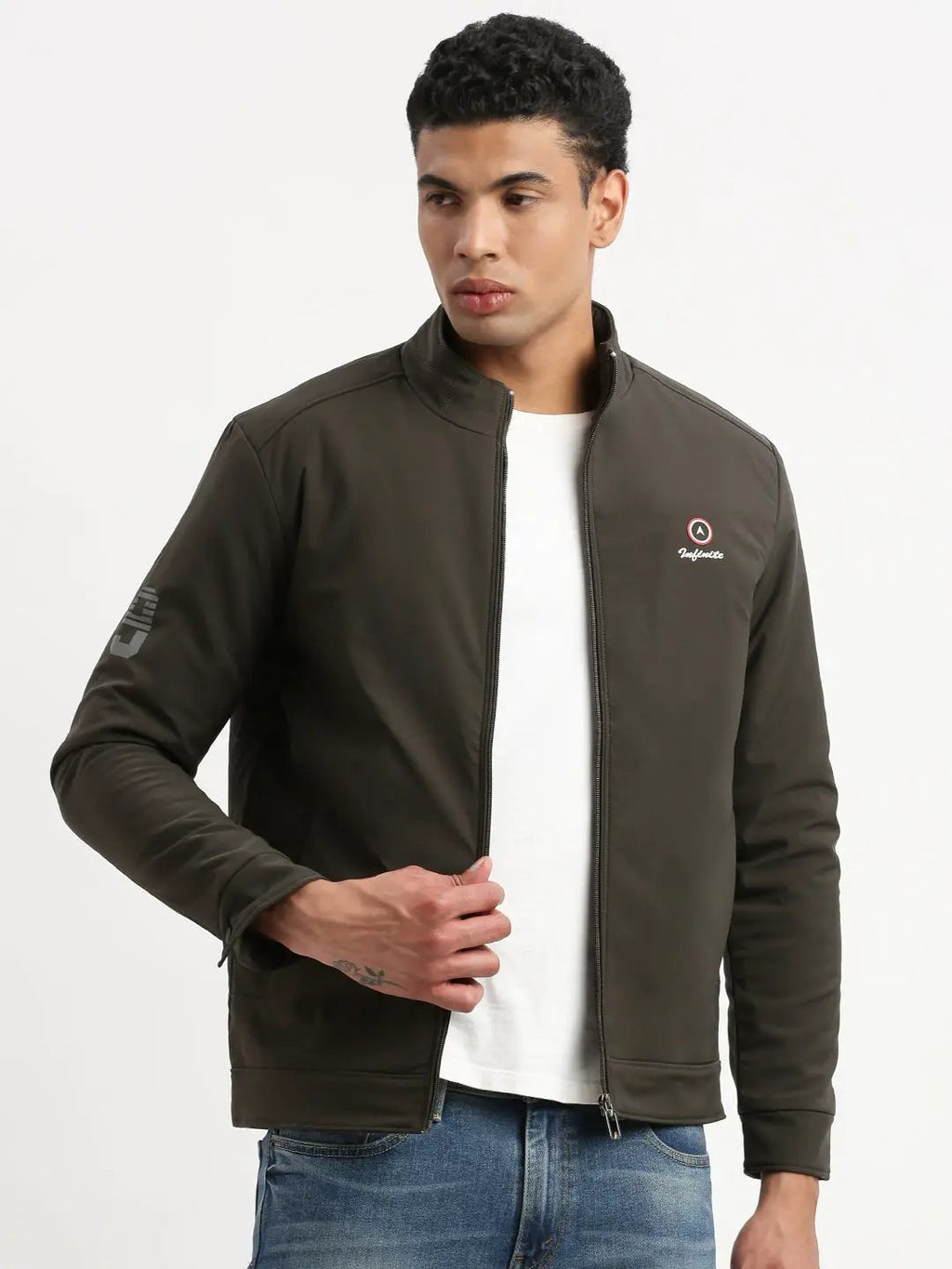 Men's Long Sleeves Mock Collar Olive Solid Casual Bomber Jacket
