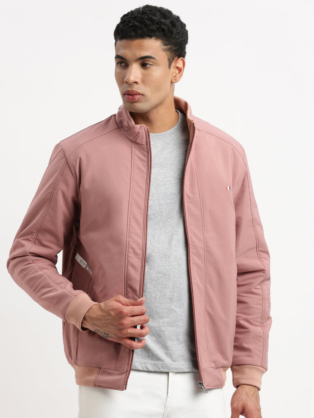 Men's Mock Collar Peach Solid Bomber Jacket