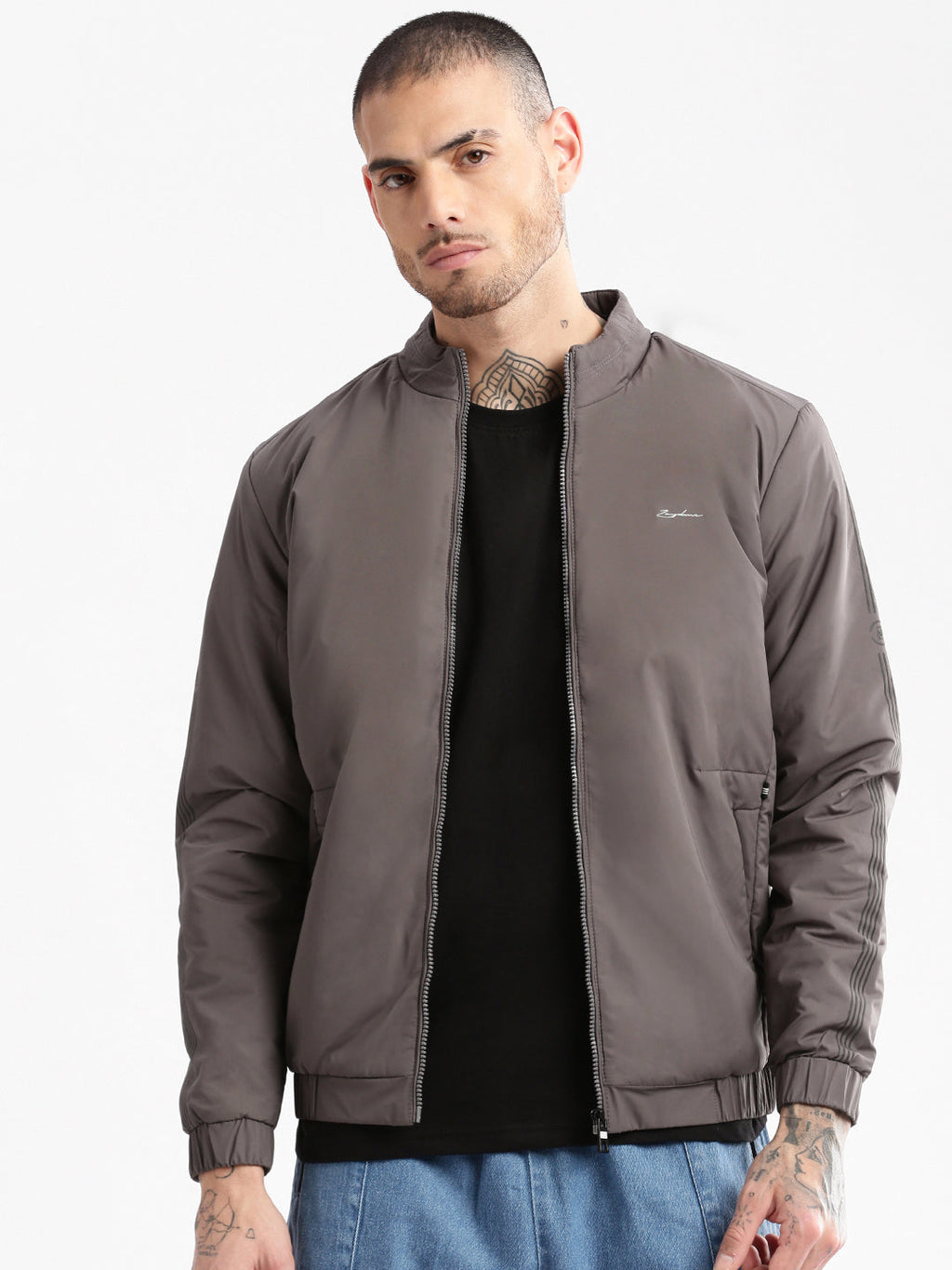 Men's Mock Collar Grey Solid Casual Bomber Jacket