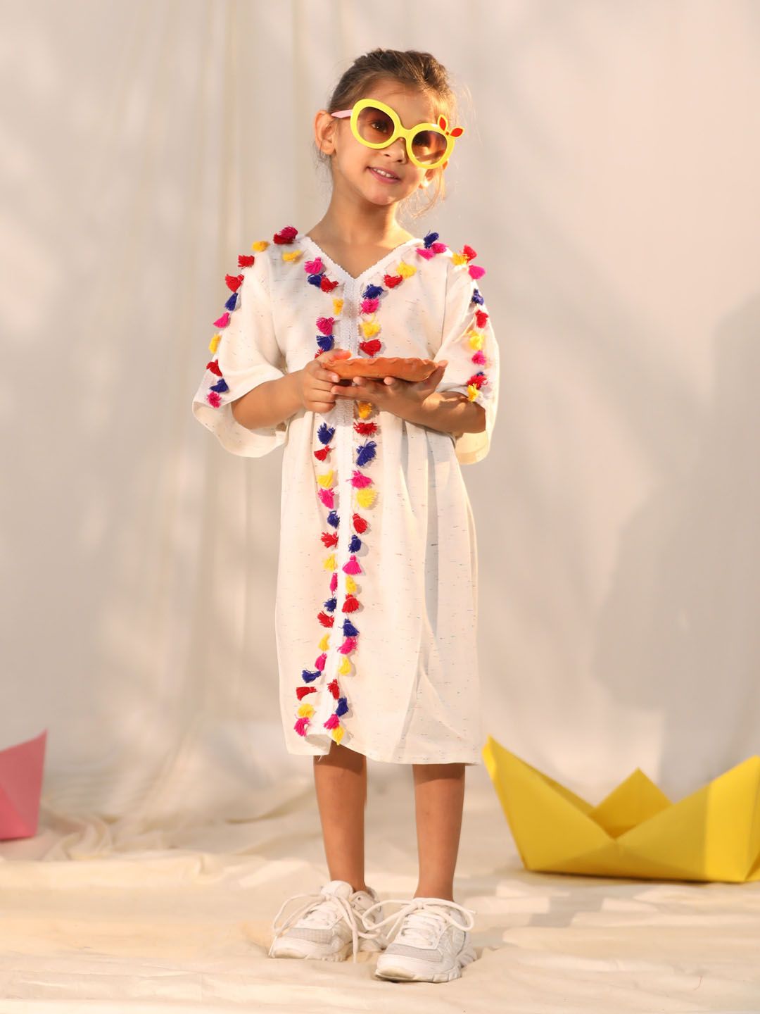Girl's' Cream Holi Special Dress