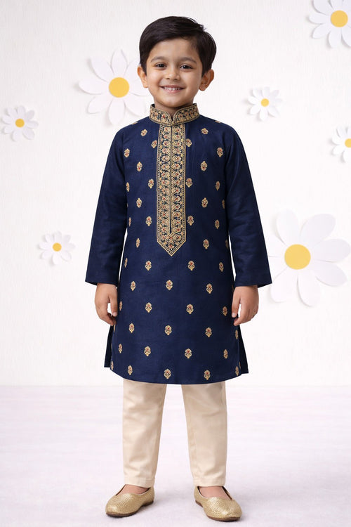 Boys Cotton Viscose Thread Embroidered Kurta Pyjama Set