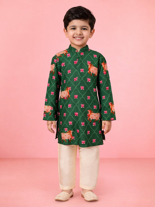 Boys Green Pichwai Cow Print Cotton Kurta Pyjama Set for Wedding & Festive Wear