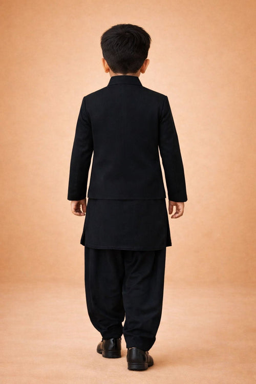 Boys Imported Suiting Solid Jodhpuri Jacket Kurta Patiala Dupatta Set