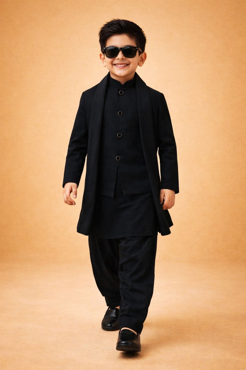 Boys Imported Suiting Solid Jodhpuri Jacket Kurta Patiala Dupatta Set