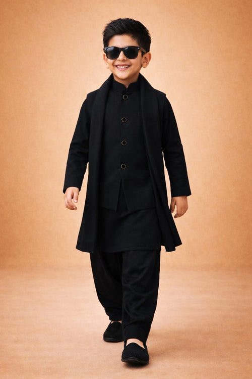Boys Imported Suiting Solid Nehru Jacket Kurta Patiala Dupatta Set