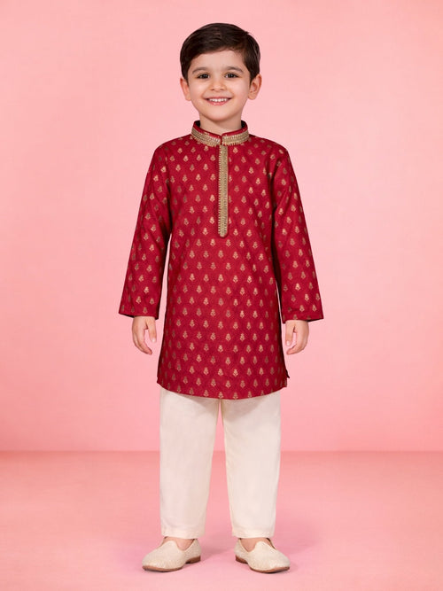 Boys Red Silk Blend Jacquard Kurta Pyjama Set with Sequin Work for Wedding & Festive Wear