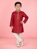 Boys Red Silk Blend Jacquard Kurta Pyjama Set with Sequin Work for Wedding & Festive Wear
