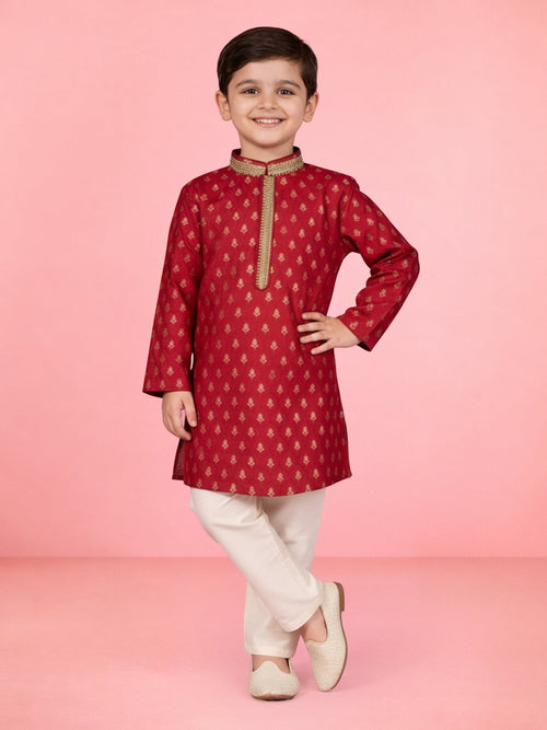 Boys Red Silk Blend Jacquard Kurta Pyjama Set with Sequin Work for Wedding & Festive Wear