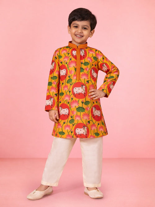 Boys Yellow Pichwai Print Muslin Kurta with Cream Pyjama