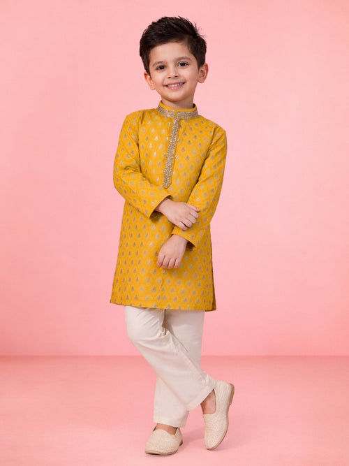 Boys Yellow Silk Blend Jacquard Kurta Pyjama Set with Sequin Work for Wedding & Festive Wear