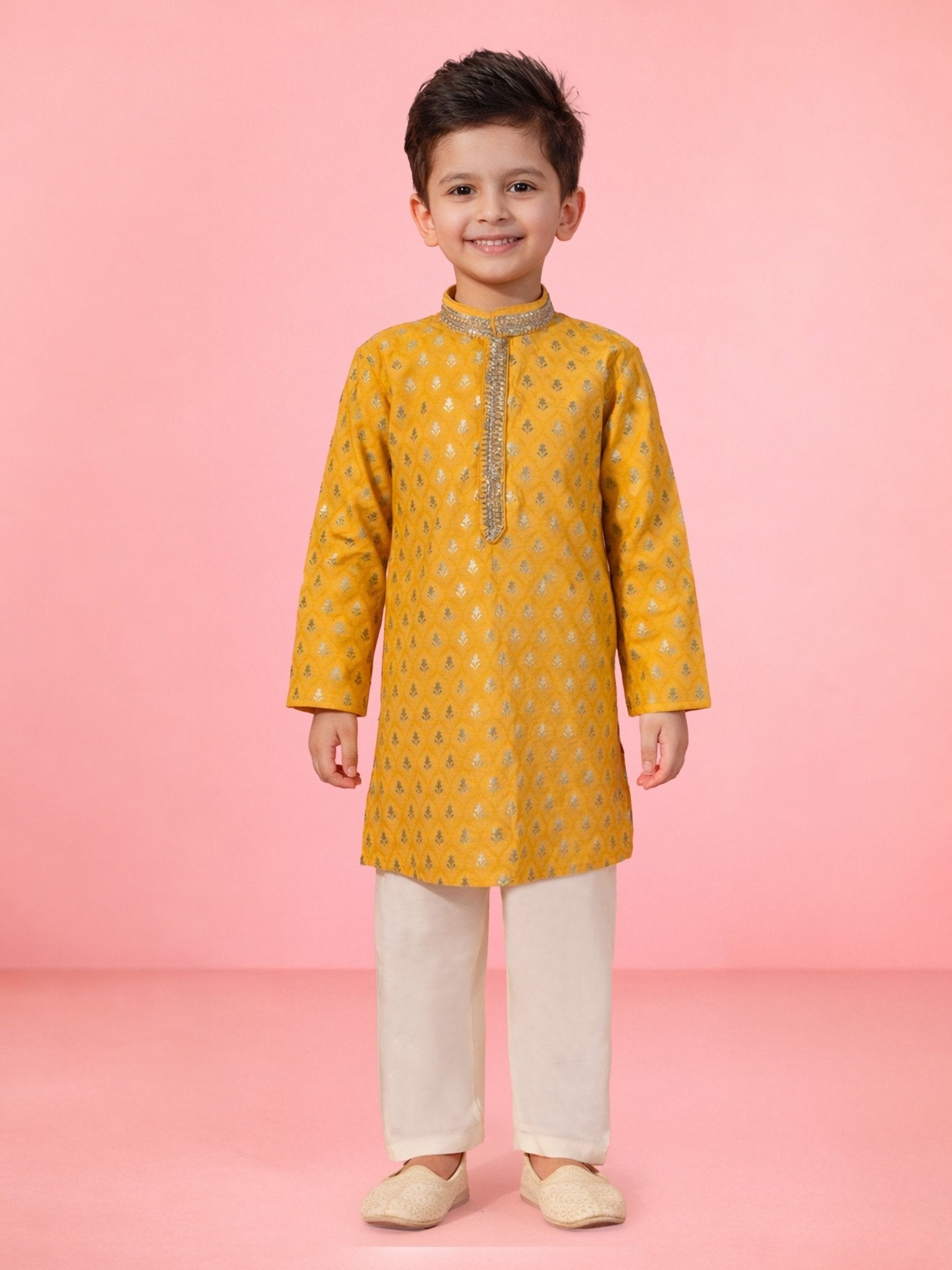 Boys Yellow Silk Blend Jacquard Kurta Pyjama Set with Sequin Work for Wedding & Festive Wear