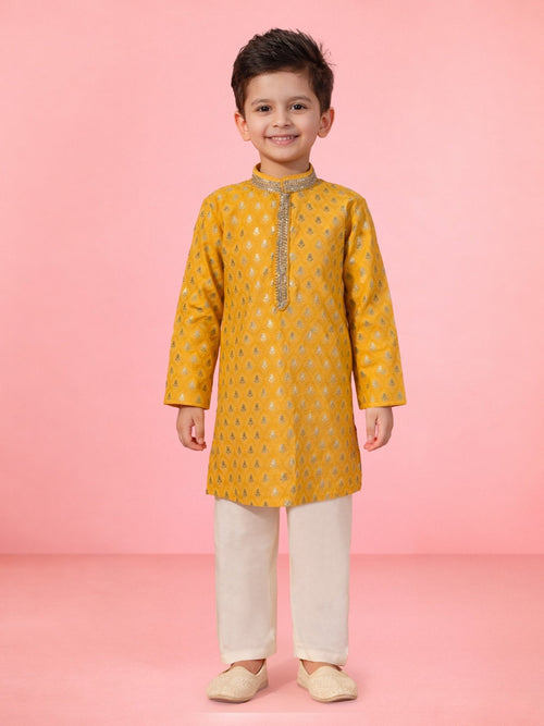 Boys Yellow Silk Blend Jacquard Kurta Pyjama Set with Sequin Work for Wedding & Festive Wear