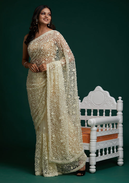 Cream Pearlwork Net Designer Saree