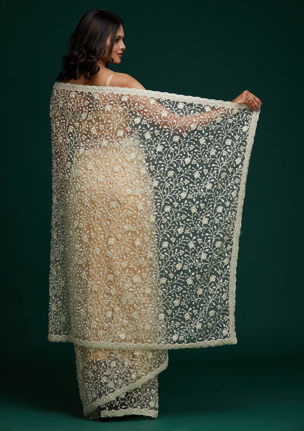 Cream Pearlwork Net Designer Saree