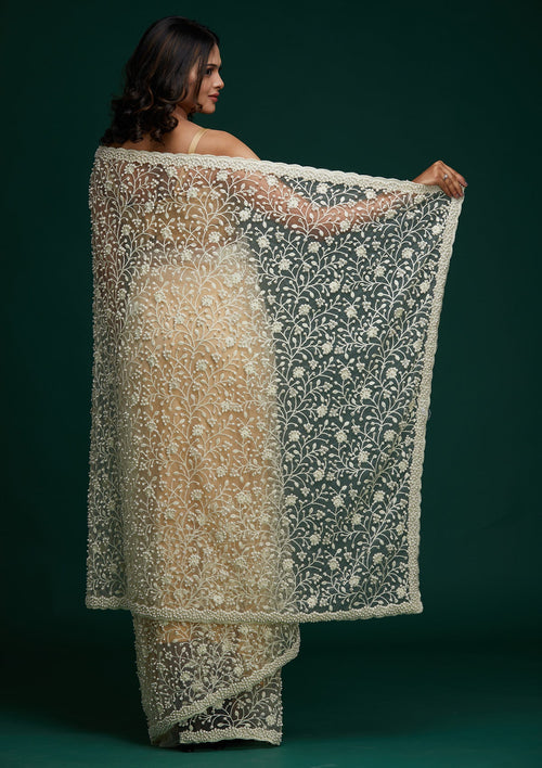Cream Pearlwork Net Designer Saree