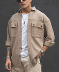 Camel Structured Double Pockets Shacket Oversized Shirt