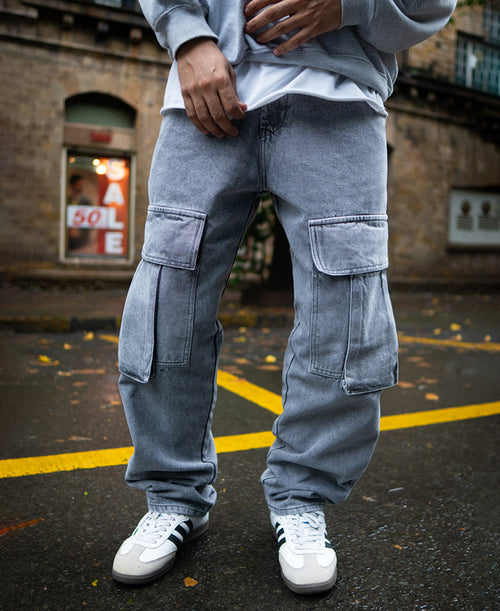 Charcoal Grey Baggy Fit Denim Jeans with Cargo Pockets 100% Cotton
