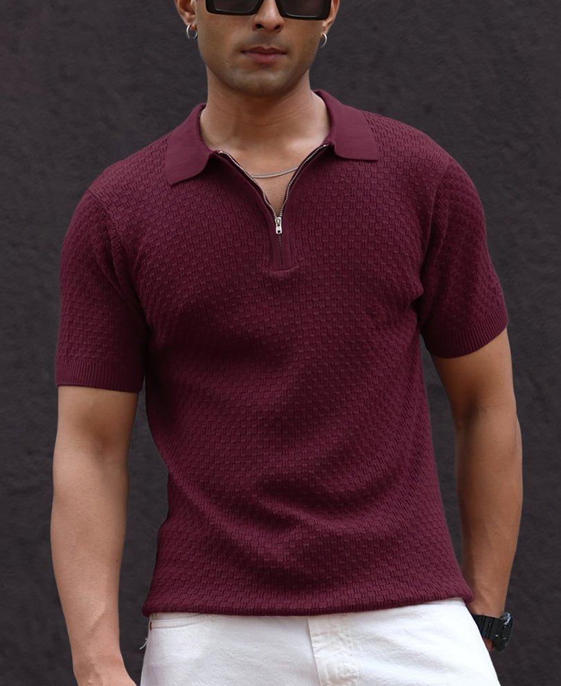 Wine Knitted Regular Fit Half Sleeves T-Shirt 100% Cotton