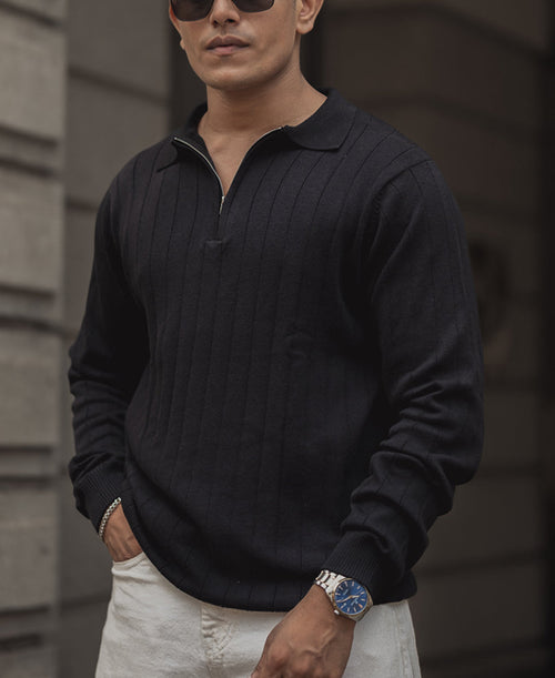 Black Knitted Regular Fit Full Sleeves T Shirt 100% Cotton