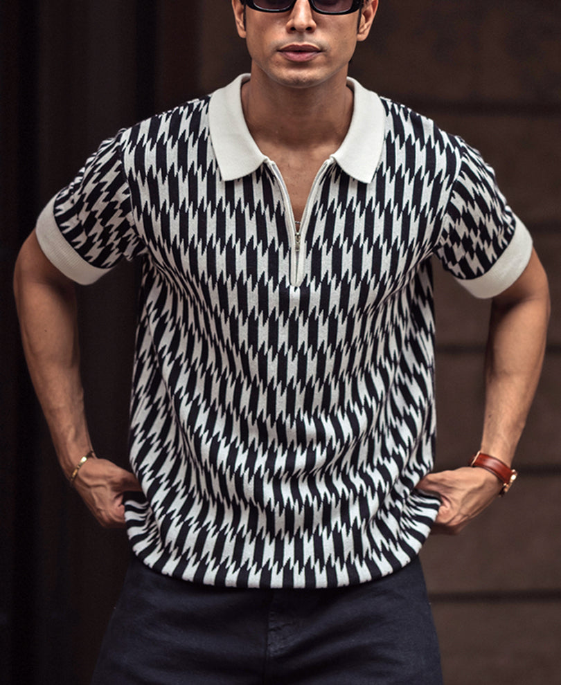White and Black Knitted Regular Fit Half Sleeves Zipper T Shirt 100% Cotton