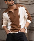 Brown-White Colour Blocked Polo T-Shirt 100% Cotton