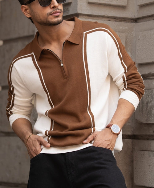 Brown-White Colour Blocked Polo T-Shirt 100% Cotton