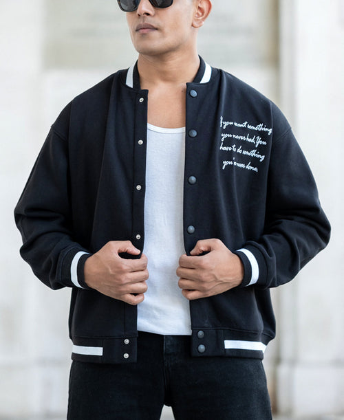 Black Embroidered Varsity Jacket 100% Cotton