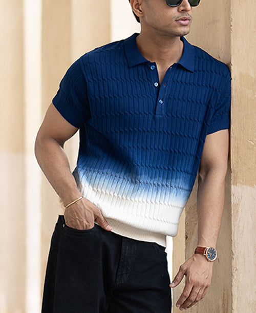 Blue Ombre Knit Polo T-Shirt 100% Cotton