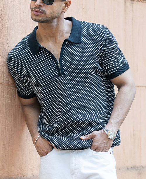 Black Jacquard Knit Polo T-Shirt 100% Cotton