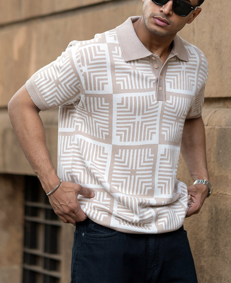 Beige Geometric Jacquard T-Shirt 100% Cotton