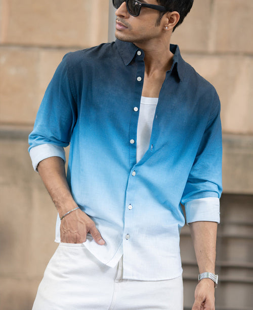 Dark Blue Ombre Print Shirt 100% Cotton