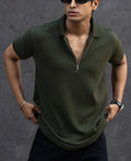 Dark Green Structured Half Sleeves Zipper T Shirt