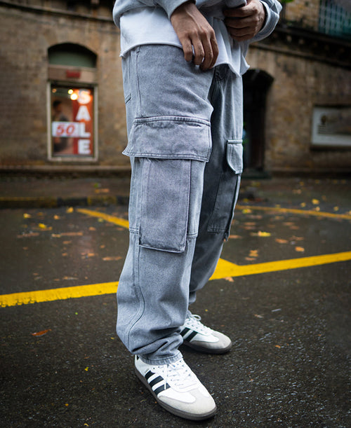 Charcoal Grey Baggy Fit Denim Jeans with Cargo Pockets 100% Cotton