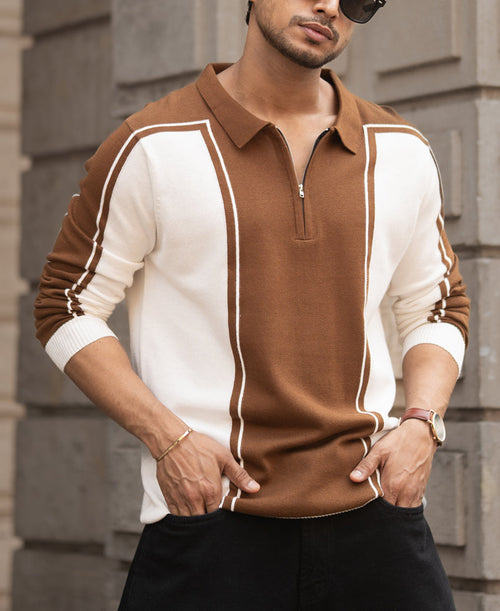 Brown-White Colour Blocked Polo T-Shirt 100% Cotton