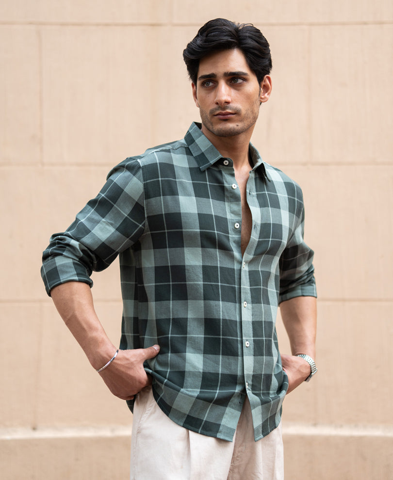 Olive Lightweight Checks Shirt 100% Cotton
