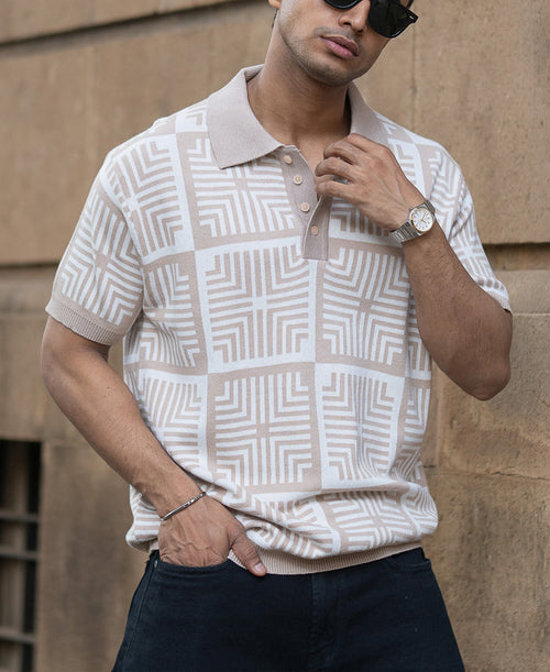 Beige Geometric Jacquard T-Shirt 100% Cotton