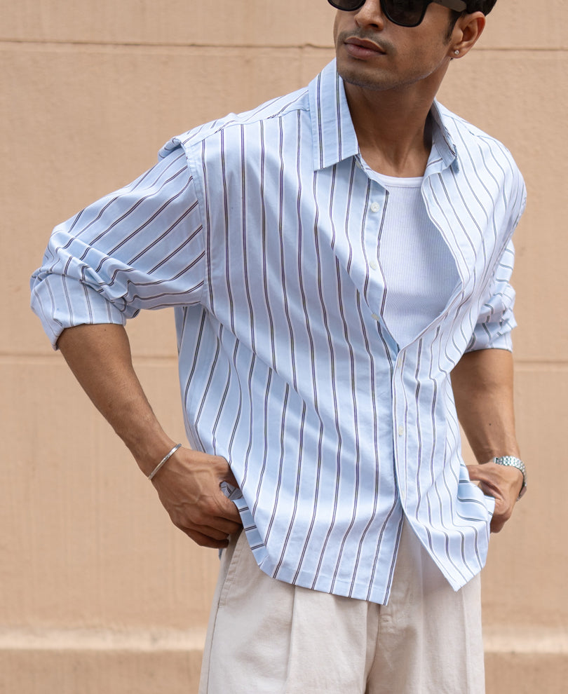 Pale Blue Lightweight Stripe Shirt 100% Cotton