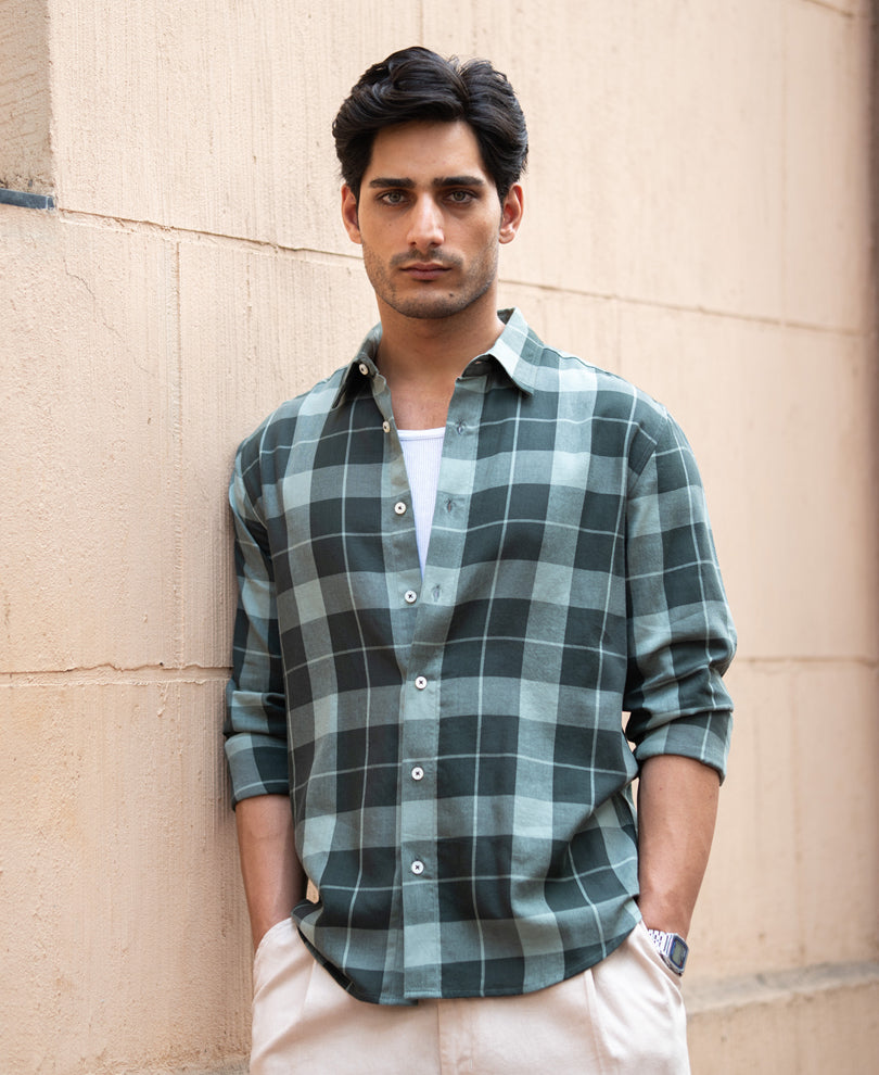 Olive Lightweight Checks Shirt 100% Cotton