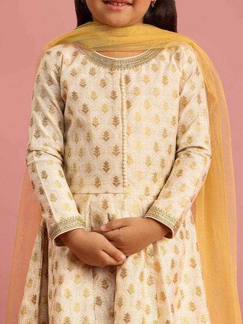 Girls Cream Zari Woven Viscose Anarkali Set with Pant and Chiffon Dupatta