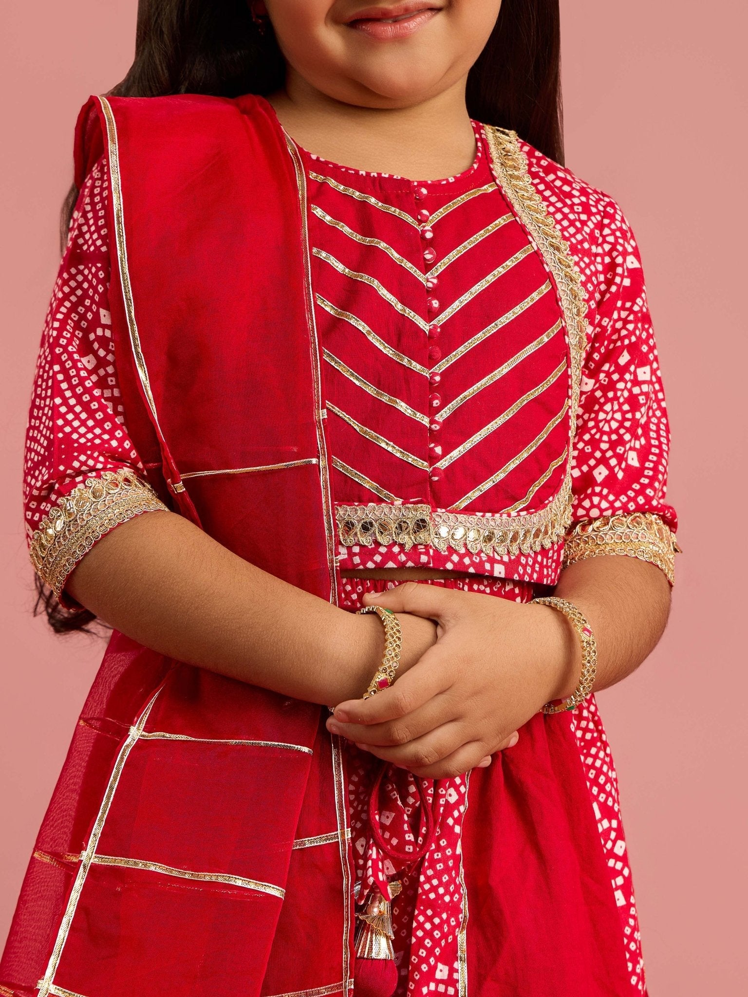 Girls Ethnic Cotton Cambric Red Bandhani Printed Lehenga Choli Set with Organza Dupatta
