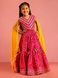 Girls Ethnic Wear Pink Floral Screen Print Cotton Cambric Lehenga Choli Set with Yellow Chiffon Dupatta
