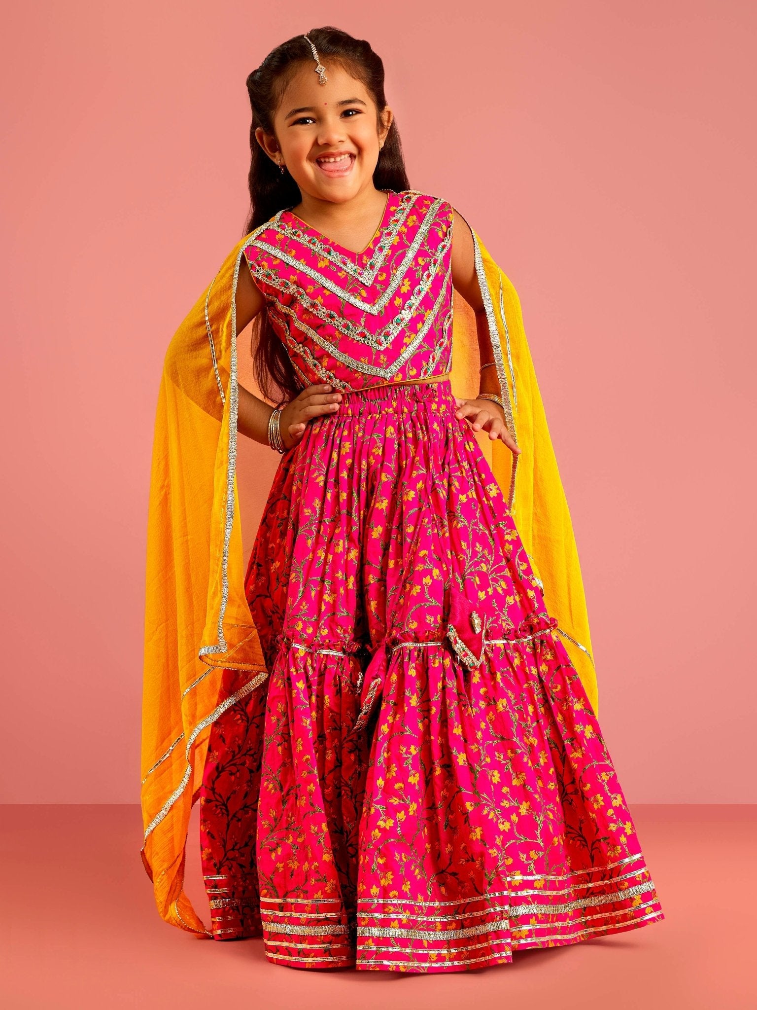 Girls Ethnic Wear Pink Floral Screen Print Cotton Cambric Lehenga Choli Set with Yellow Chiffon Dupatta