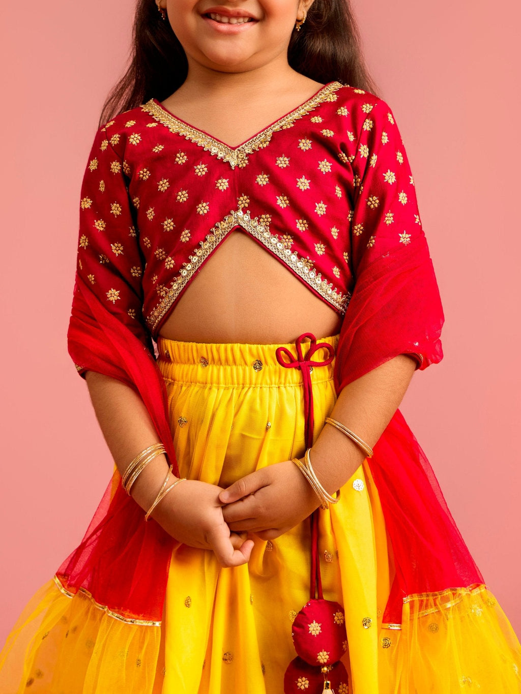 Girls Foil Print Sequin Embellished Cropped Top with Flared Lehenga Ethnic Set