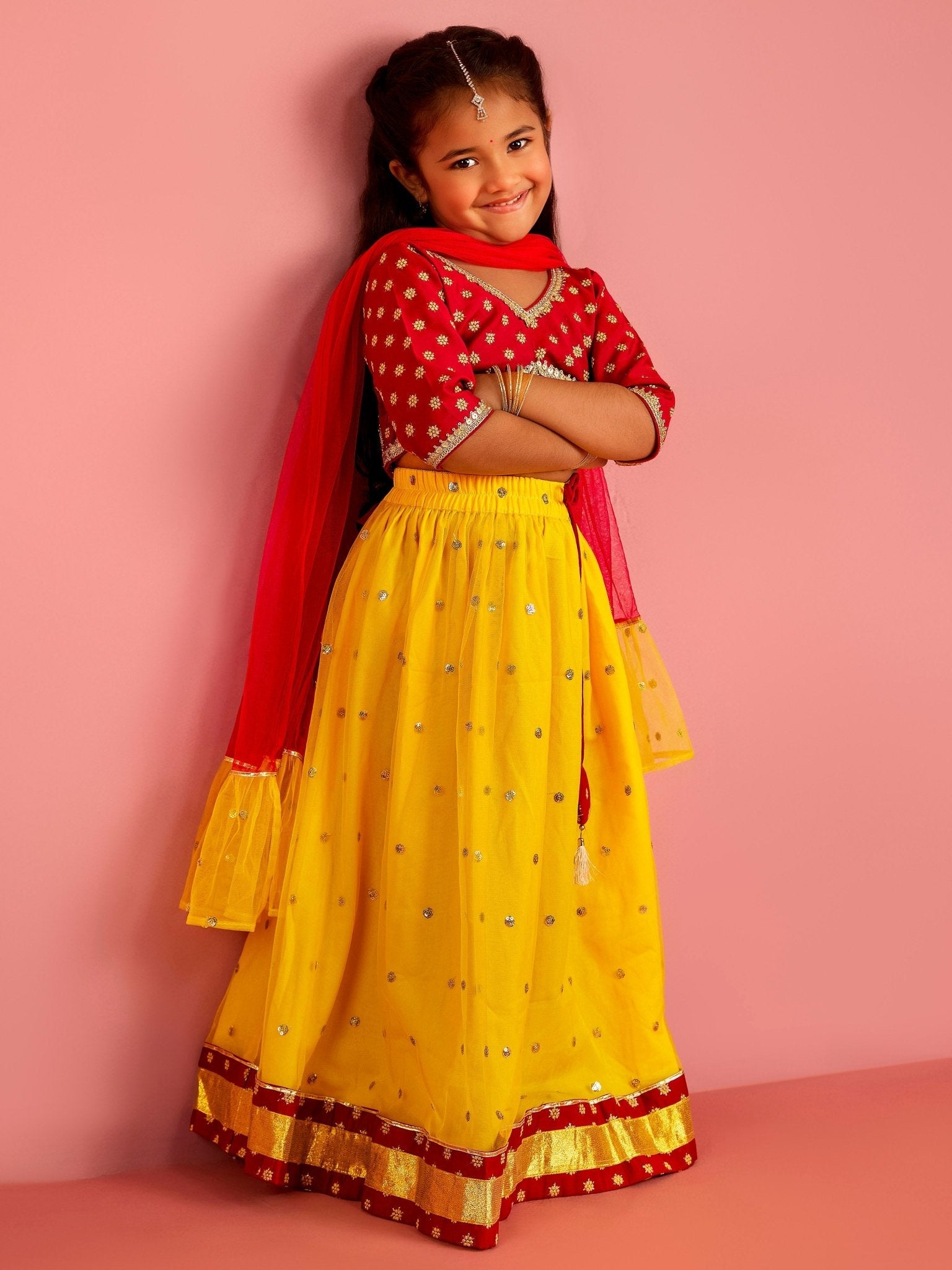 Girls Foil Print Sequin Embellished Cropped Top with Flared Lehenga Ethnic Set