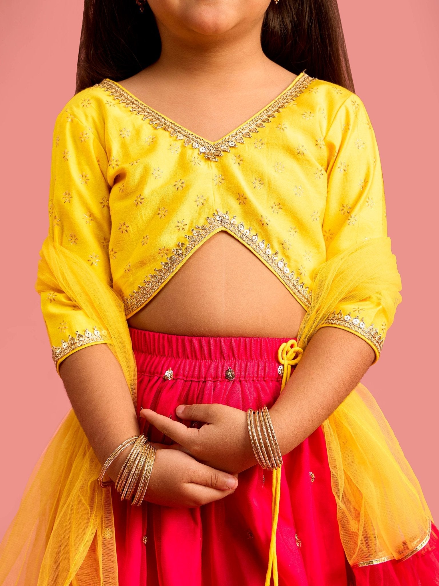 Girls Foil Print Sequin Embellished Cropped Top with Flared Lehenga Ethnic Set
