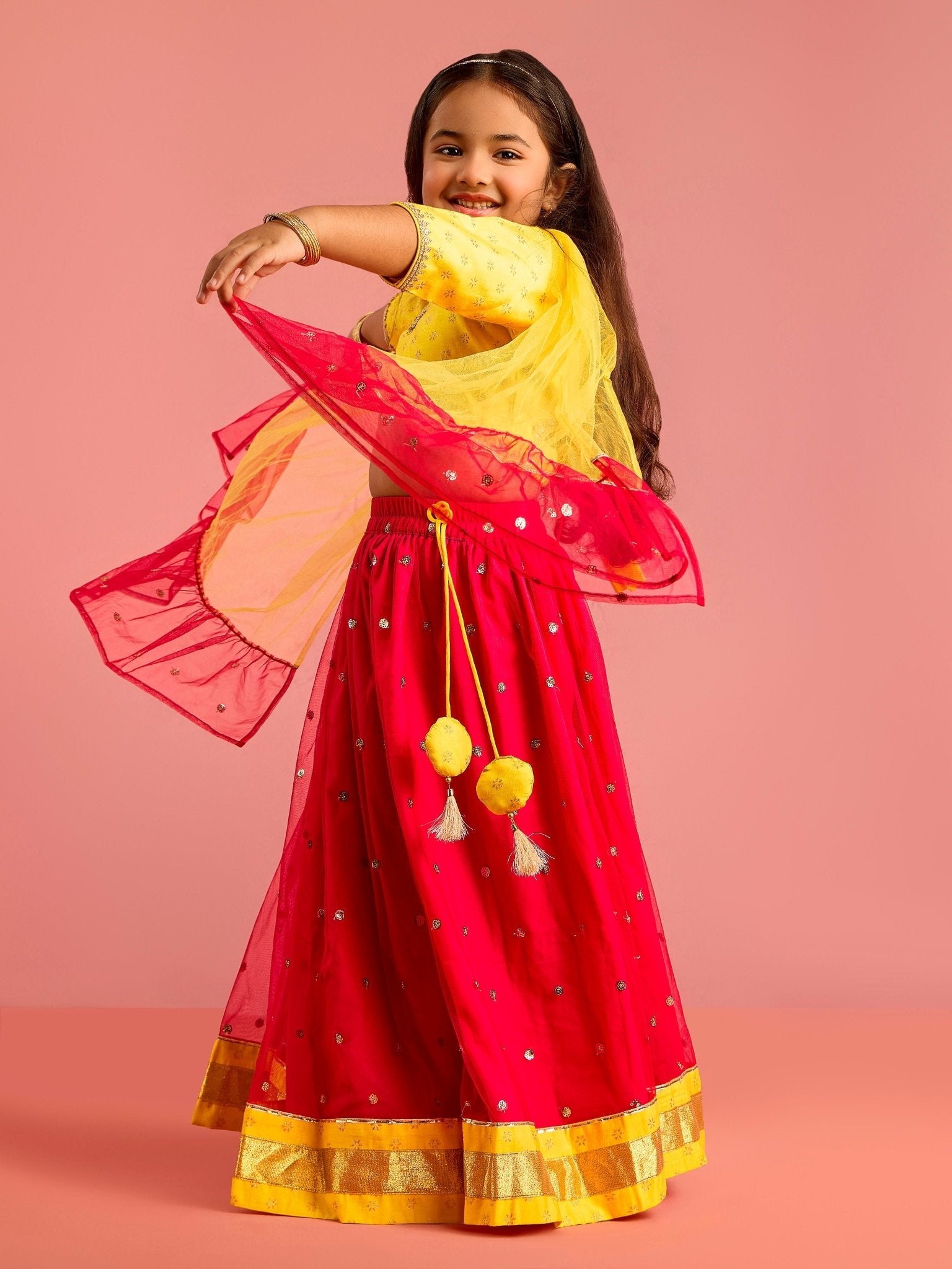Girls Foil Print Sequin Embellished Cropped Top with Flared Lehenga Ethnic Set